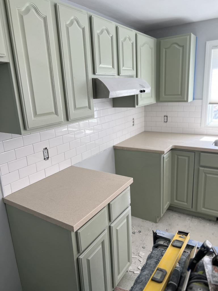 Sage Green Kitchen Cabinets Under Construction